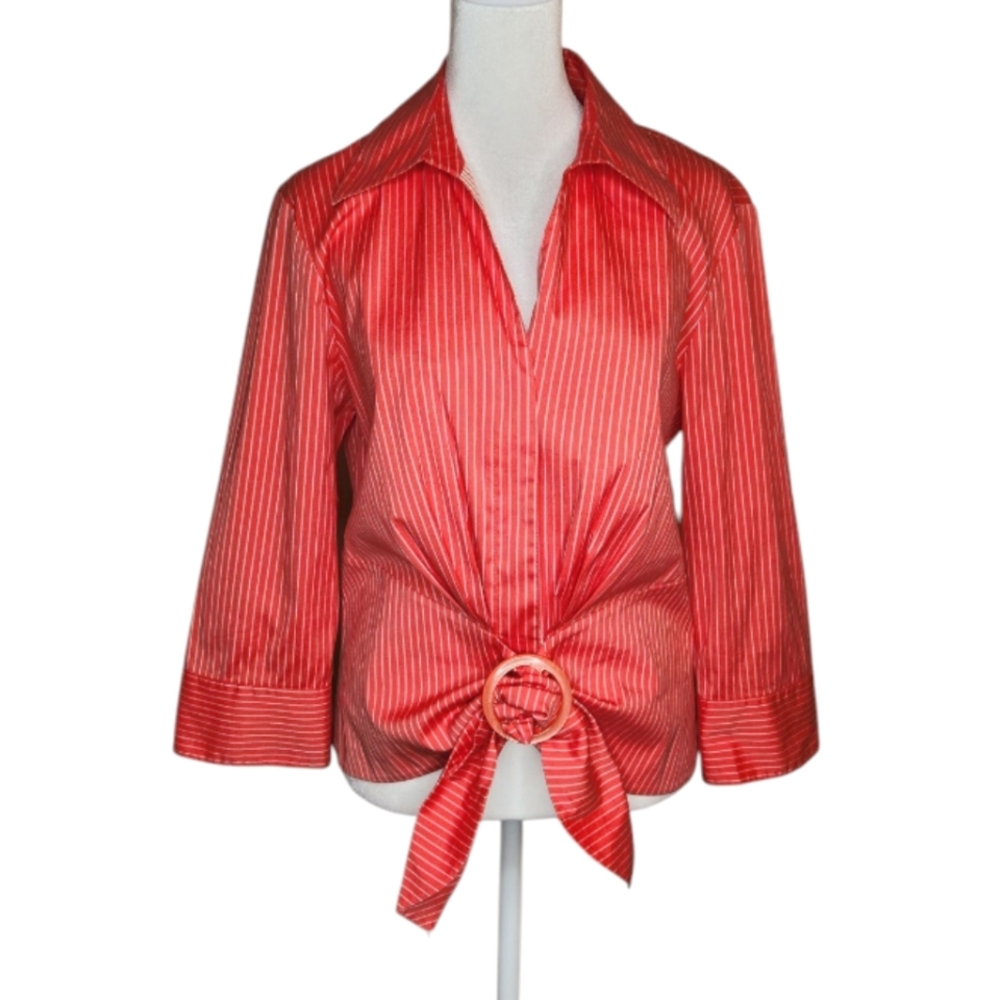 Lafayette 148 Coral Pin Stripe Button Up Waist Tie Shirt Size 8